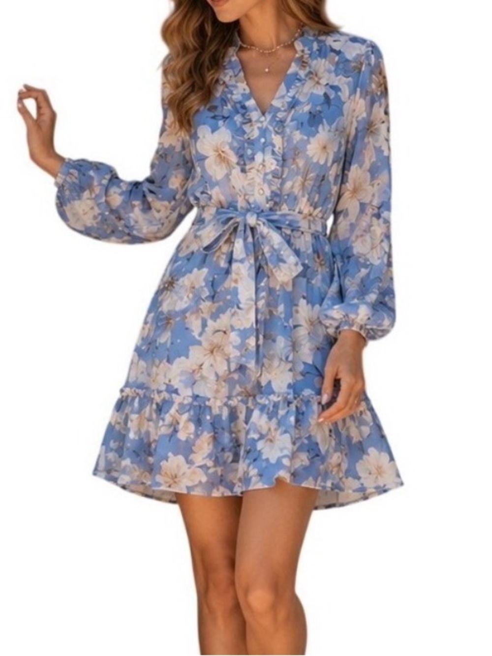 Joie Blue Floral V-Neck Tie-Waist Long Sleeve Dress